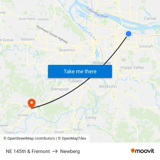 NE 145th & Fremont to Newberg map