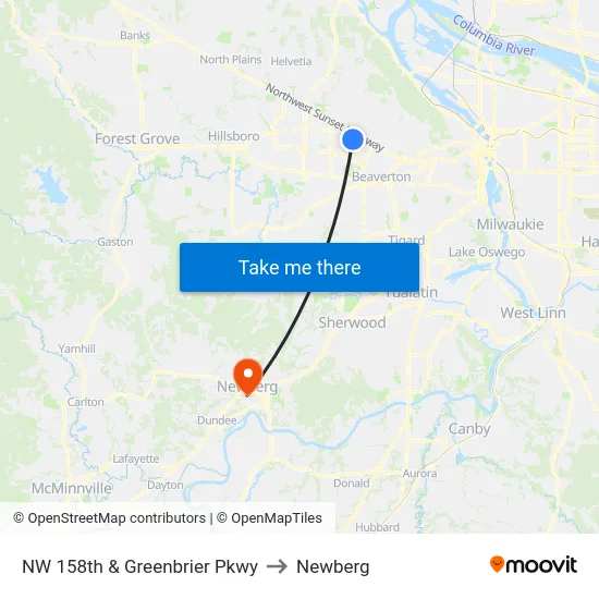 NW 158th & Greenbrier Pkwy to Newberg map