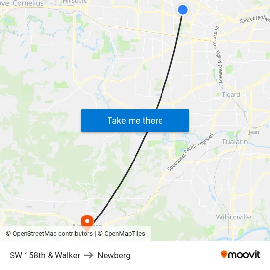 SW 158th & Walker to Newberg map