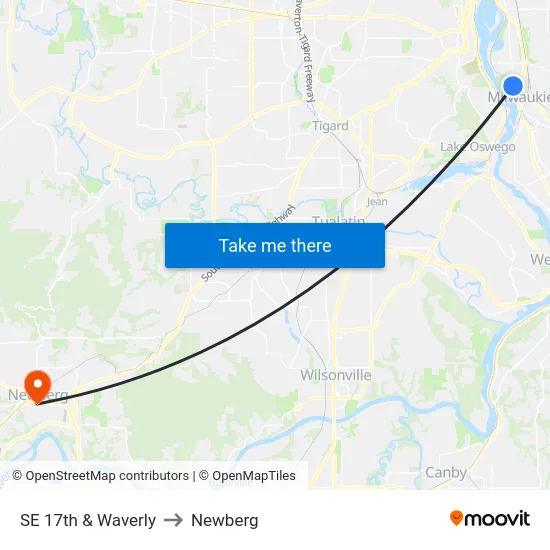 SE 17th & Waverly to Newberg map
