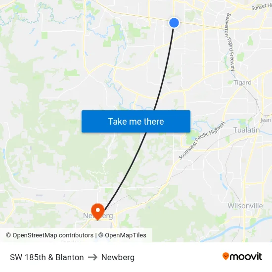 SW 185th & Blanton to Newberg map