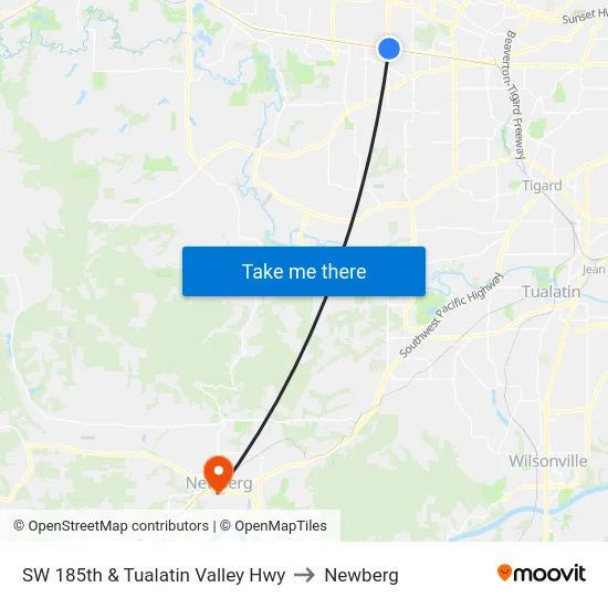 SW 185th & Tualatin Valley Hwy to Newberg map