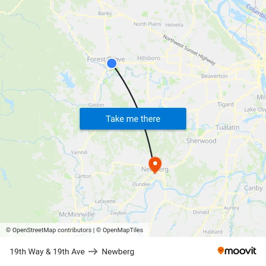 19th Way & 19th Ave to Newberg map