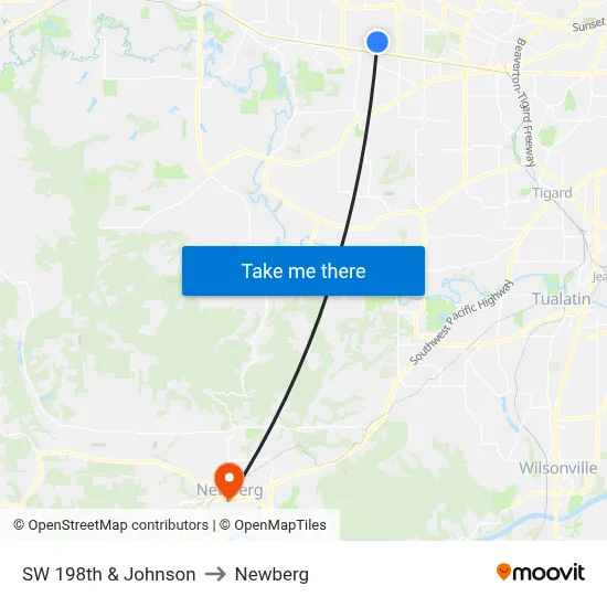SW 198th & Johnson to Newberg map