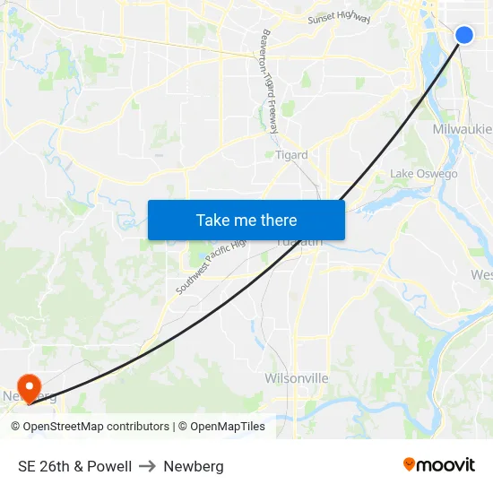 SE 26th & Powell to Newberg map