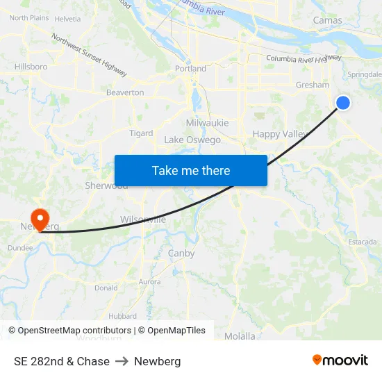 SE 282nd & Chase to Newberg map