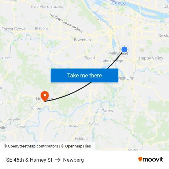 SE 45th & Harney St to Newberg map