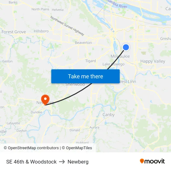 SE 46th & Woodstock to Newberg map