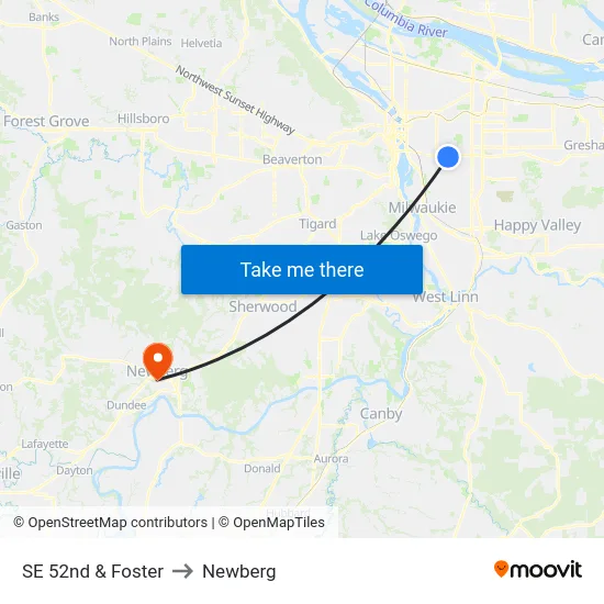 SE 52nd & Foster to Newberg map