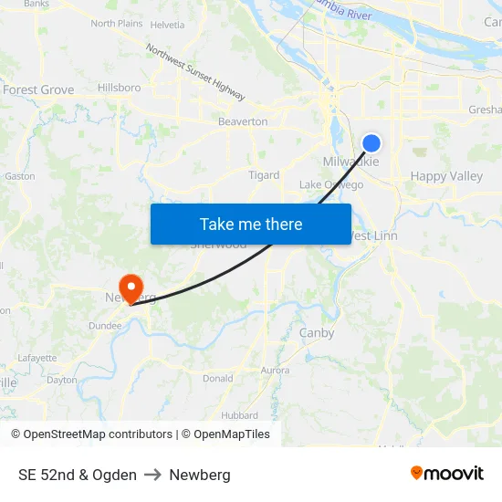 SE 52nd & Ogden to Newberg map