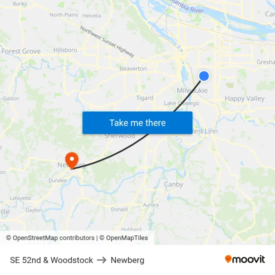SE 52nd & Woodstock to Newberg map