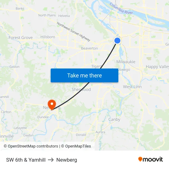 SW 6th & Yamhill to Newberg map