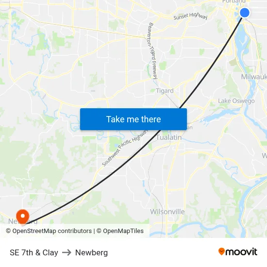 SE 7th & Clay to Newberg map