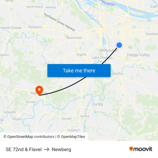 SE 72nd & Flavel to Newberg map