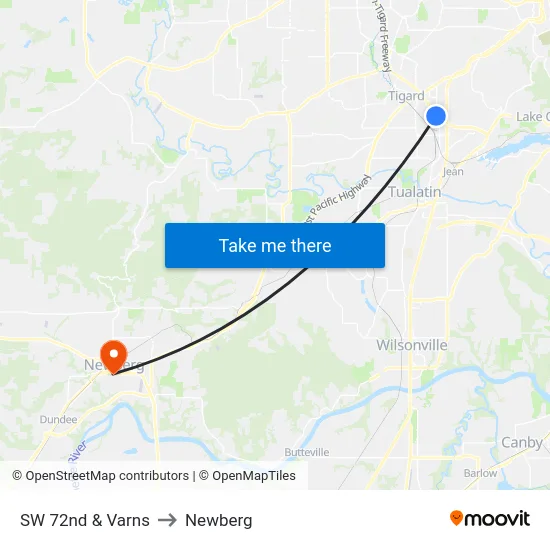 SW 72nd & Varns to Newberg map
