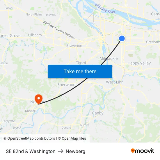 SE 82nd & Washington to Newberg map