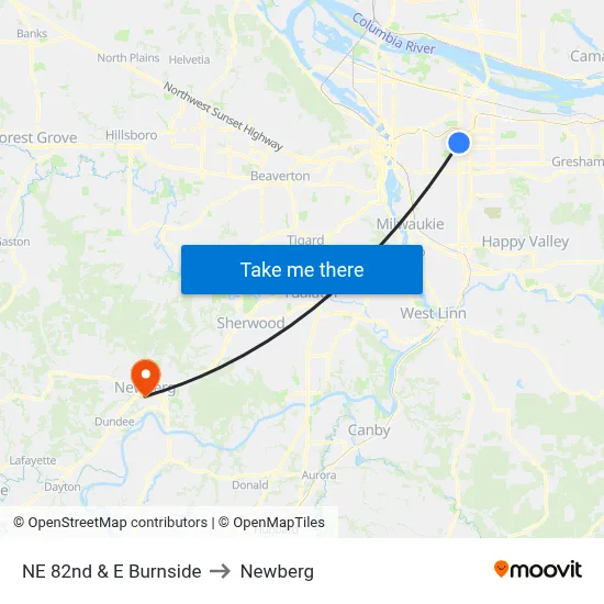 NE 82nd & E Burnside to Newberg map