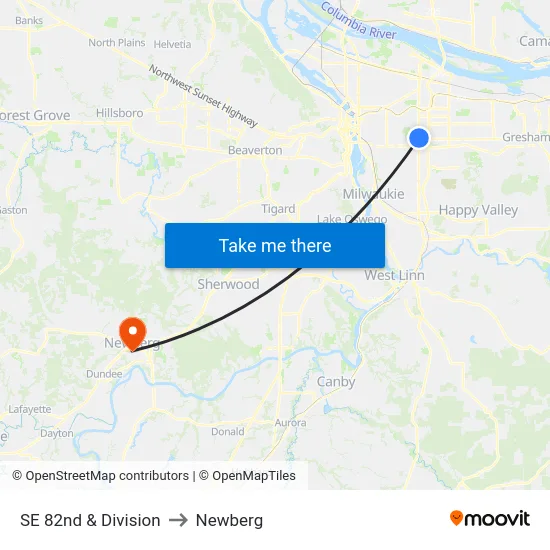 SE 82nd & Division to Newberg map