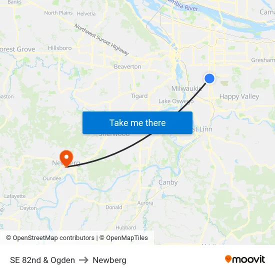 SE 82nd & Ogden to Newberg map