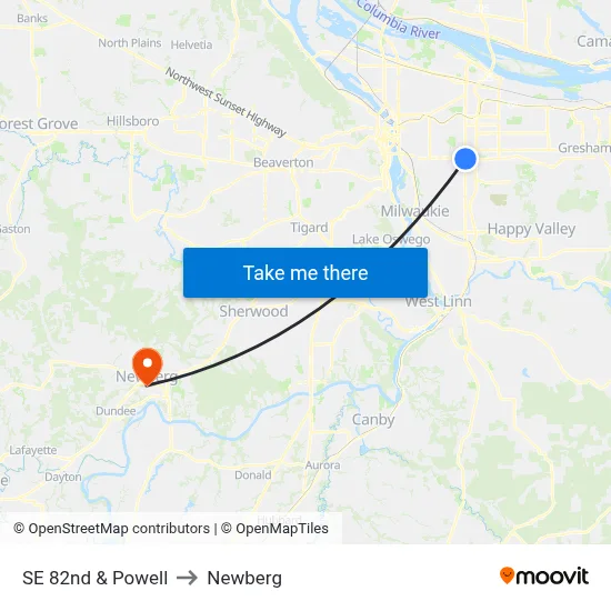 SE 82nd & Powell to Newberg map