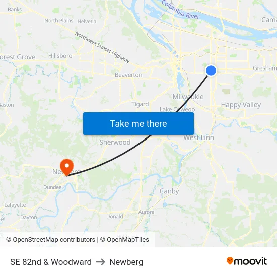 SE 82nd & Woodward to Newberg map