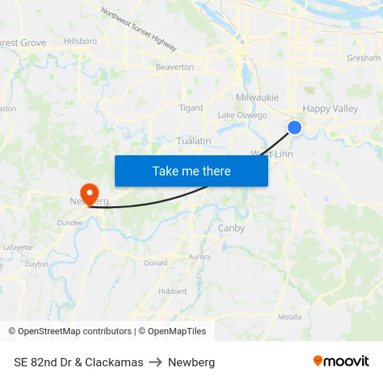 SE 82nd Dr & Clackamas to Newberg map