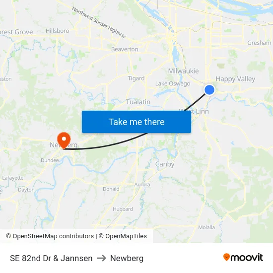 SE 82nd Dr & Jannsen to Newberg map