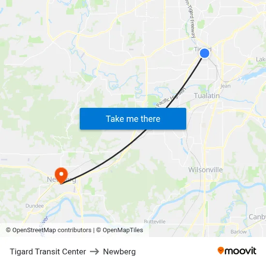 Tigard Transit Center to Newberg map