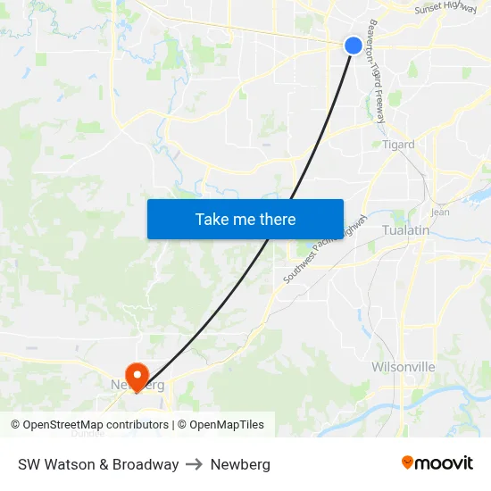 SW Watson & Broadway to Newberg map