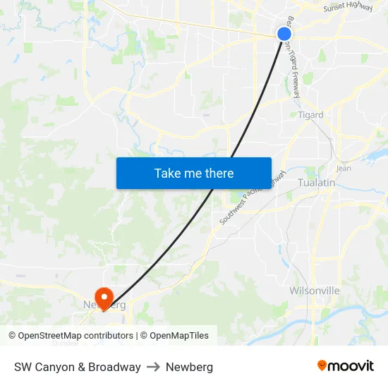 SW Canyon & Broadway to Newberg map