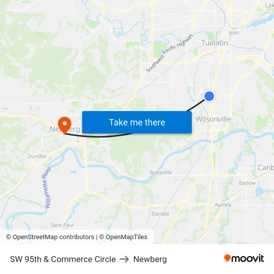 SW 95th & Commerce Circle to Newberg map