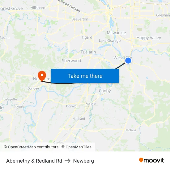 Abernethy & Redland Rd to Newberg map