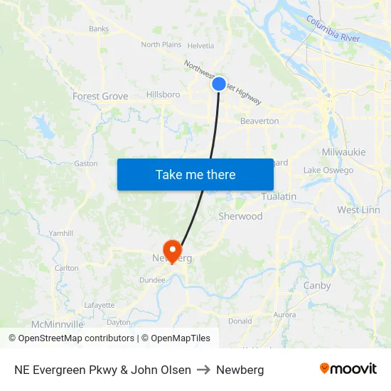 NE Evergreen Pkwy & John Olsen to Newberg map