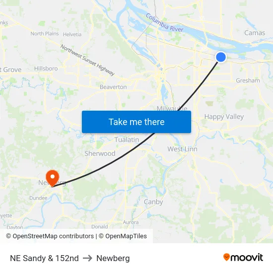 NE Sandy & 152nd to Newberg map