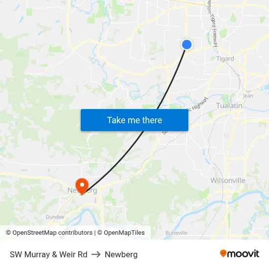 SW Murray & Weir Rd to Newberg map