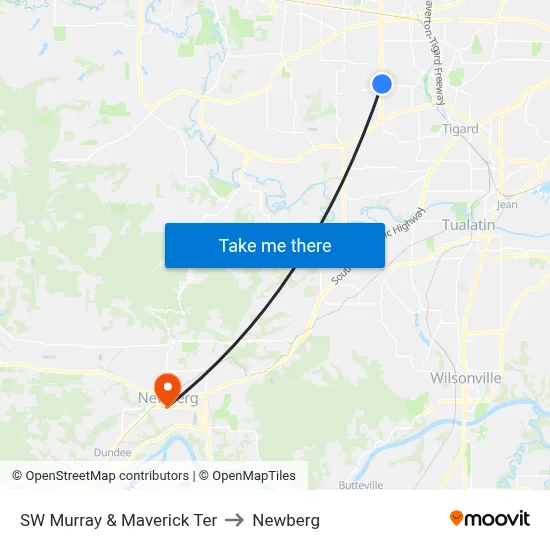 SW Murray & Maverick Ter to Newberg map