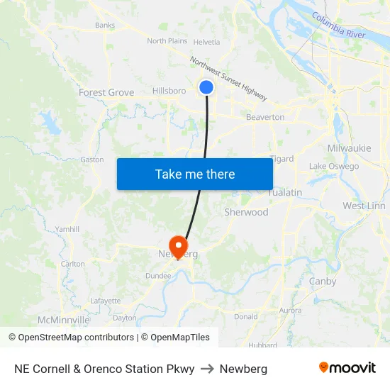 NE Cornell & Orenco Station Pkwy to Newberg map
