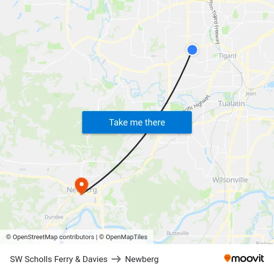 SW Scholls Ferry & Davies to Newberg map