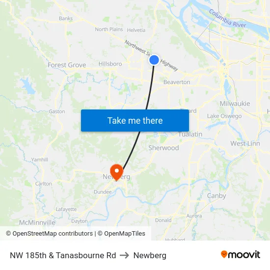 NW 185th & Tanasbourne Rd to Newberg map