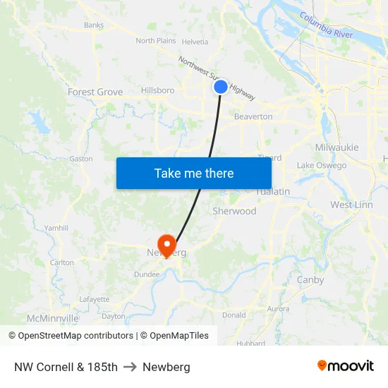 NW Cornell & 185th to Newberg map