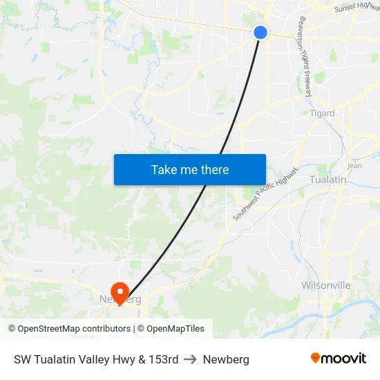 SW Tualatin Valley Hwy & 153rd to Newberg map