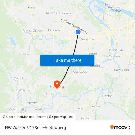NW Walker & 173rd to Newberg map