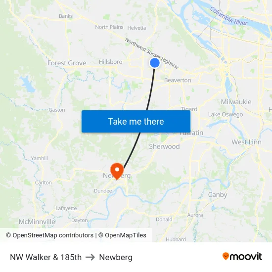 NW Walker & 185th to Newberg map