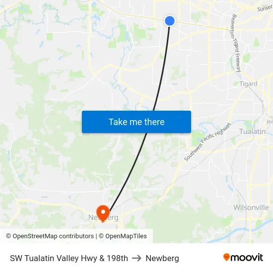 SW Tualatin Valley Hwy & 198th to Newberg map