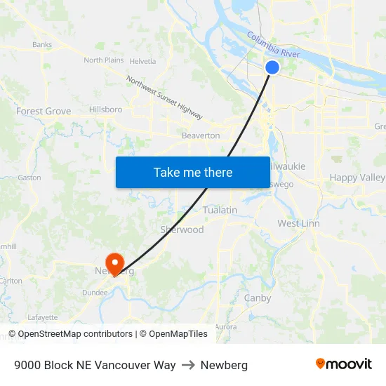 9000 Block NE Vancouver Way to Newberg map