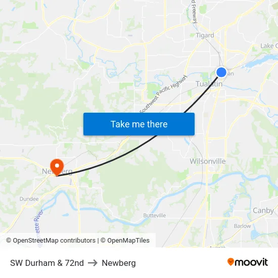 SW Durham & 72nd to Newberg map