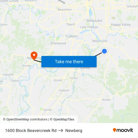 1600 Block Beavercreek Rd to Newberg map