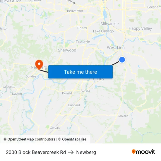 2000 Block Beavercreek Rd to Newberg map