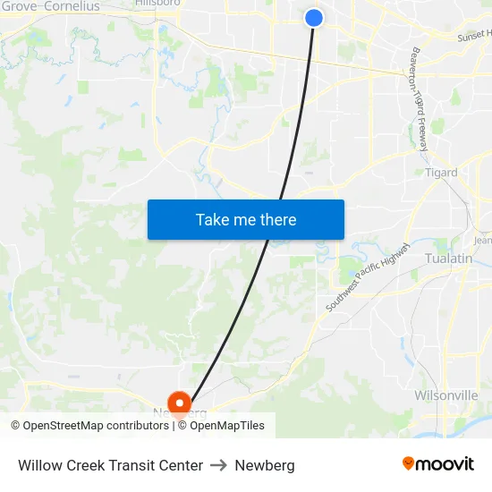 Willow Creek Transit Center to Newberg map