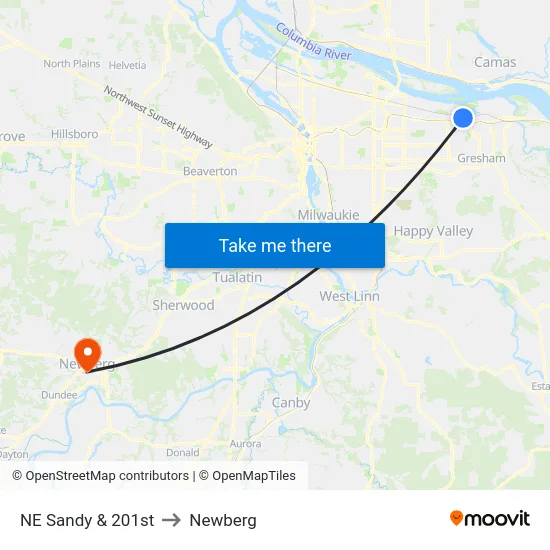 NE Sandy & 201st to Newberg map